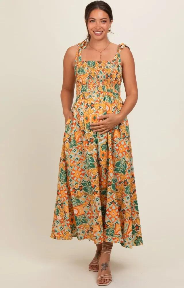 Yellow Floral Smocked Shoulder Tie Maternity Maxi Dress