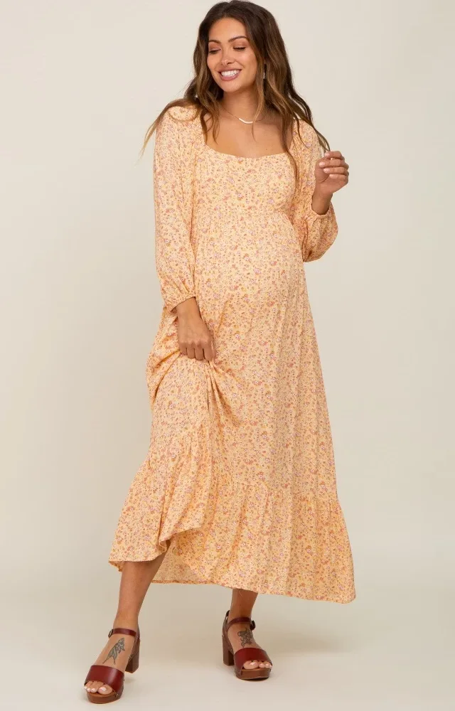 Yellow Floral Square Neck 3/4 Sleeve Maternity Midi Dress