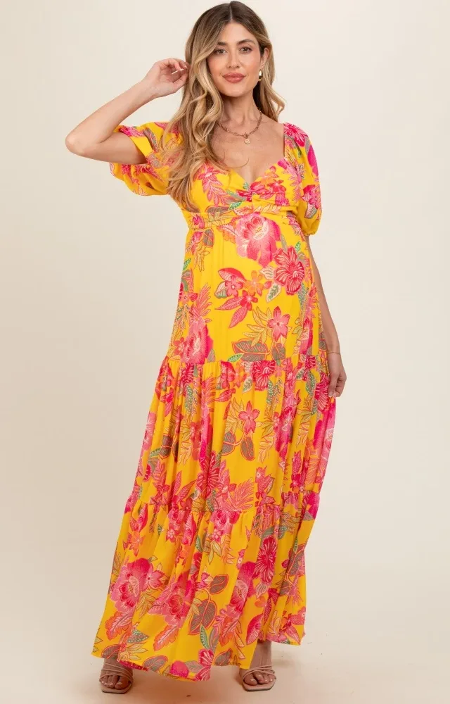 Yellow Floral Sweetheart Neck Tiered Maternity Dress