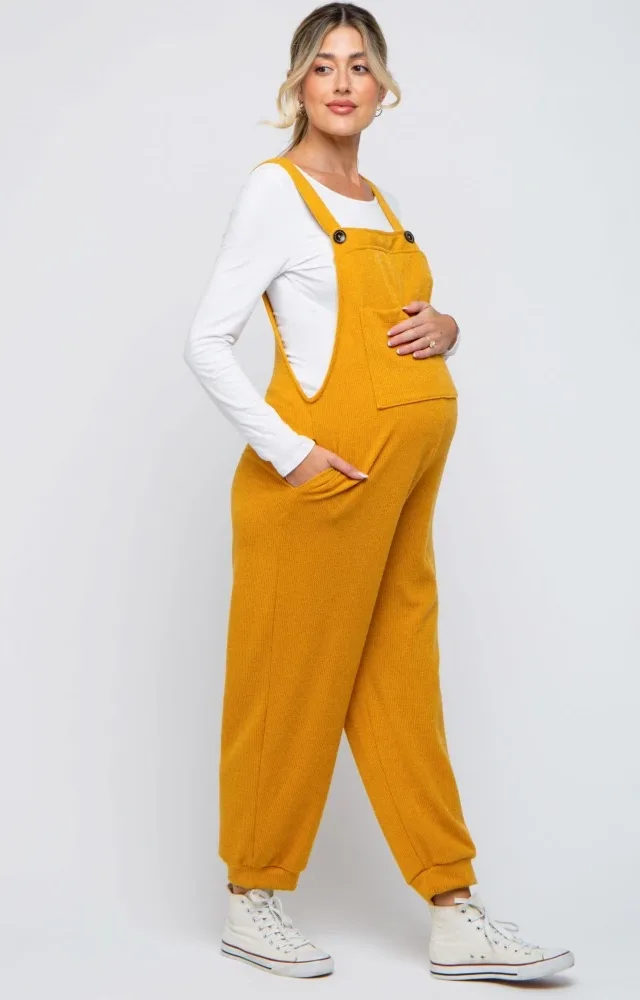 Yellow Front Pocket Knit Maternity Overalls