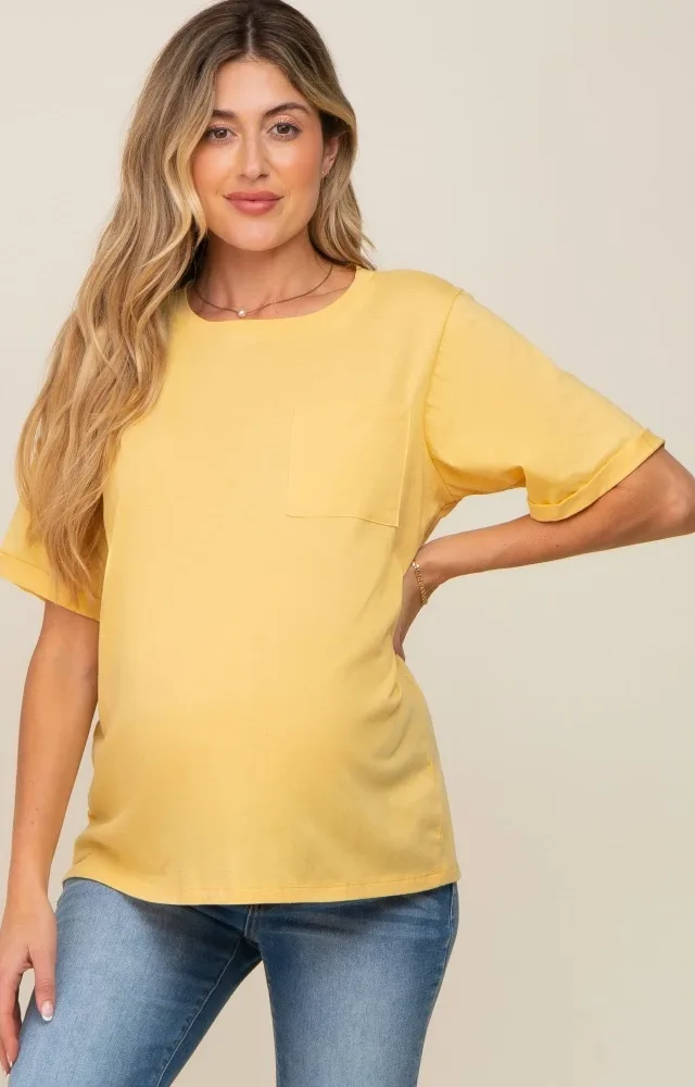 Yellow Pocket Front Short Sleeve Maternity Top