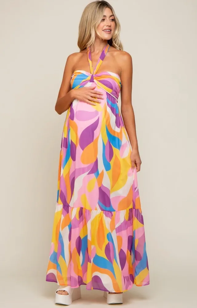 Yellow Printed Halter Maternity Maxi Dress