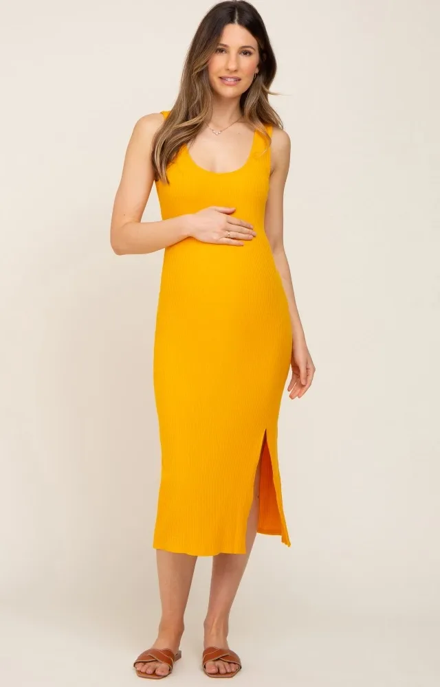 Yellow Ribbed Back Cutout Maternity Midi Dress