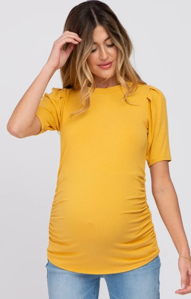 Yellow Ribbed Puff Sleeve Ruched Maternity Top