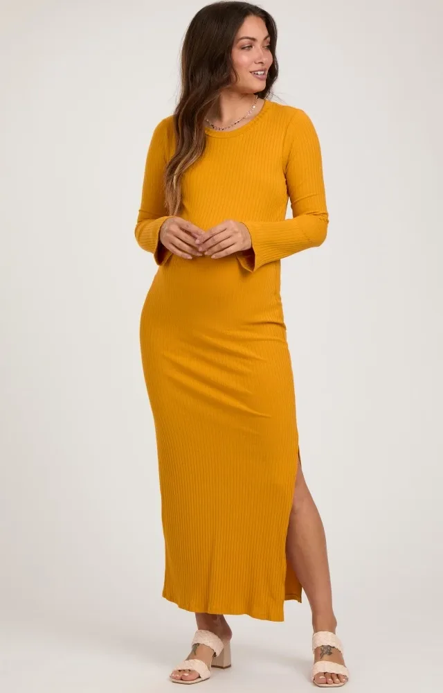 Yellow Ribbed Side Slit Maternity Maxi Dress