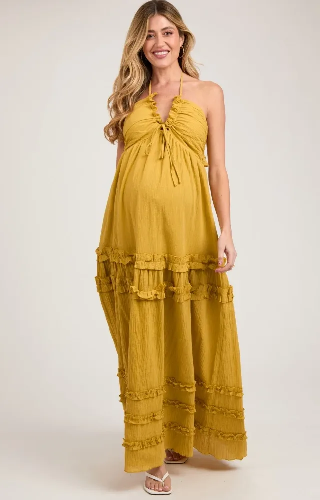 Yellow Ruffle Ruched Deep V-Neck Maternity Maxi Dress