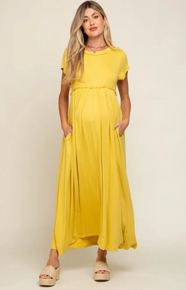 Yellow Short Sleeve Pocketed Maternity Maxi Dress