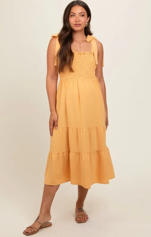 Yellow Smocked Tie Strap Tiered Maternity Midi Dress