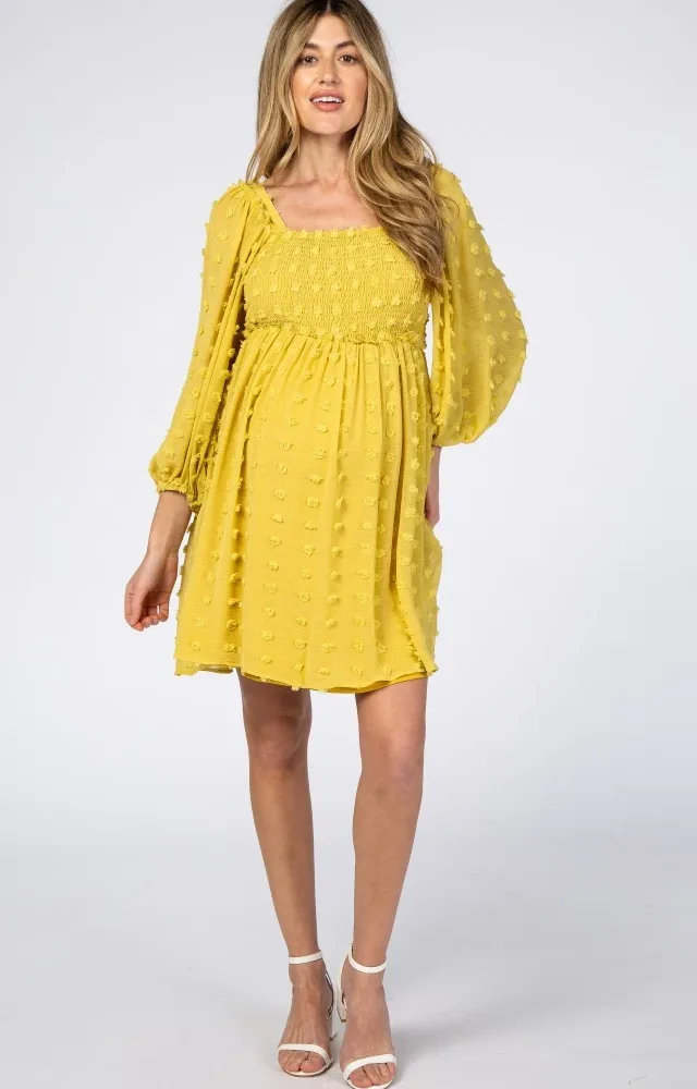 Yellow Textured Dot Square Neck Maternity Dress