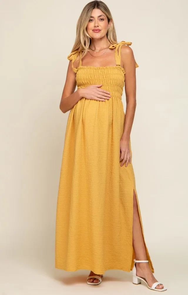 Yellow Textured Smocked Shoulder Tie Maternity Maxi Dress