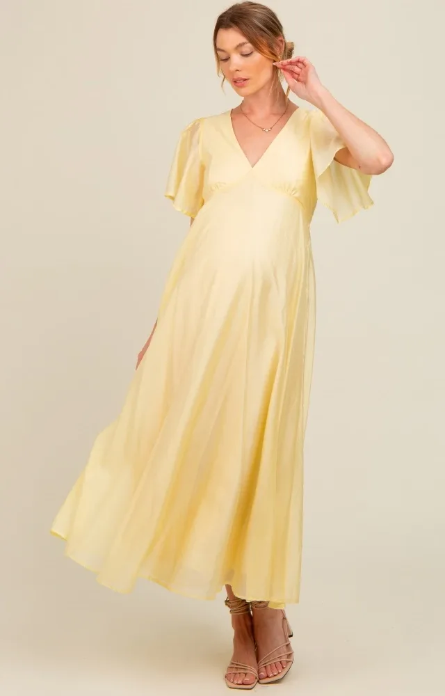 Yellow V-Neck Flutter Sleeve Maternity Maxi Dress