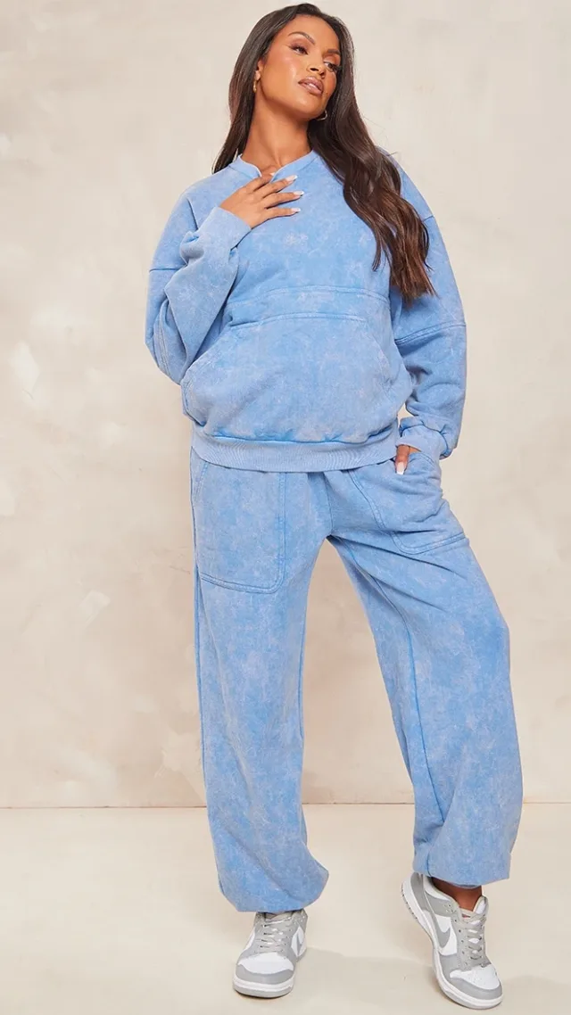 Maternity Acid Blue Wash Oversized Seam Detail Sweatpants