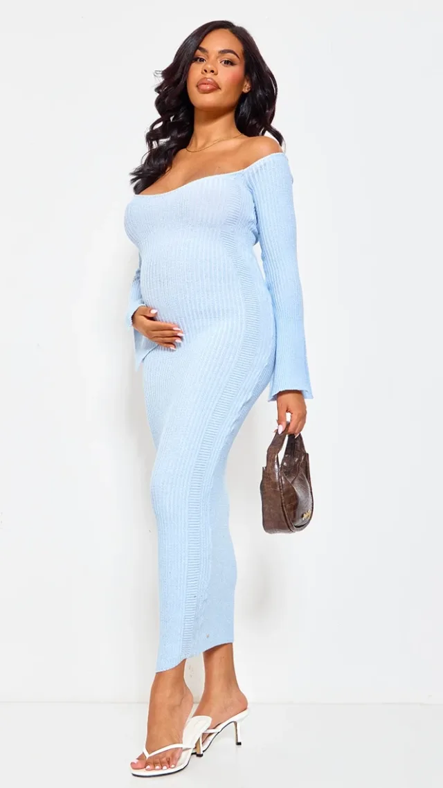 Maternity Baby Blue Off The Shoulder Contrast Knit Midaxi Dress