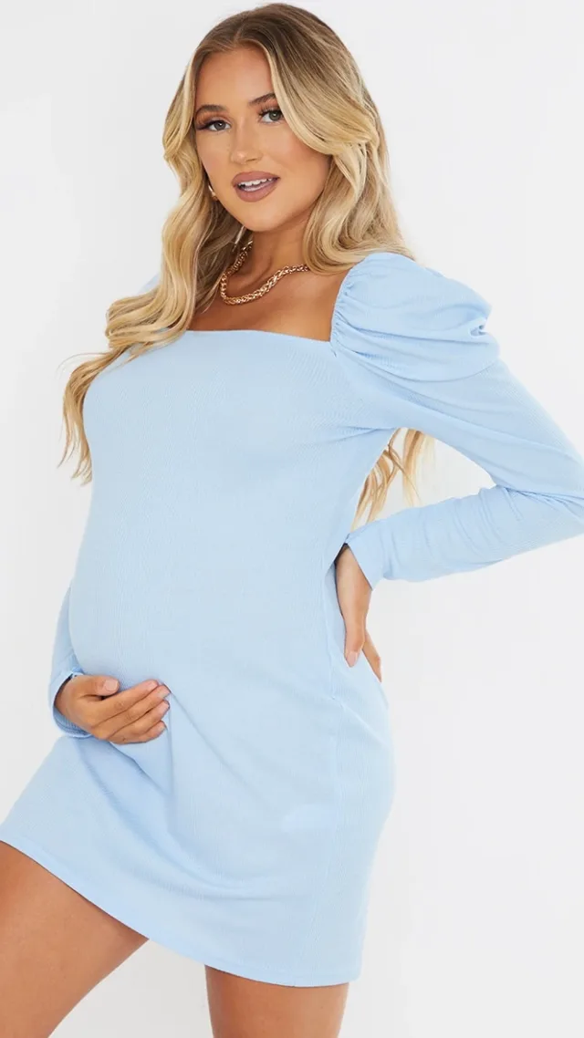 Maternity Baby Blue Puff Shoulder Long Sleeve Rib Mini Dress