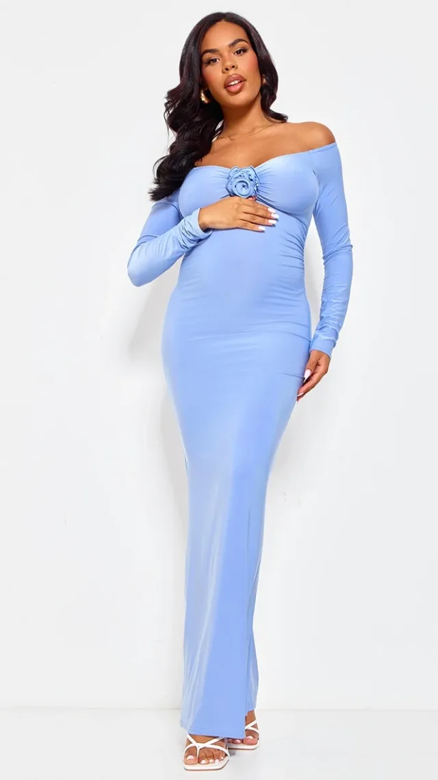 Maternity Baby Blue Slinky Corsage Detail Off The Shoulder Maxi Dress