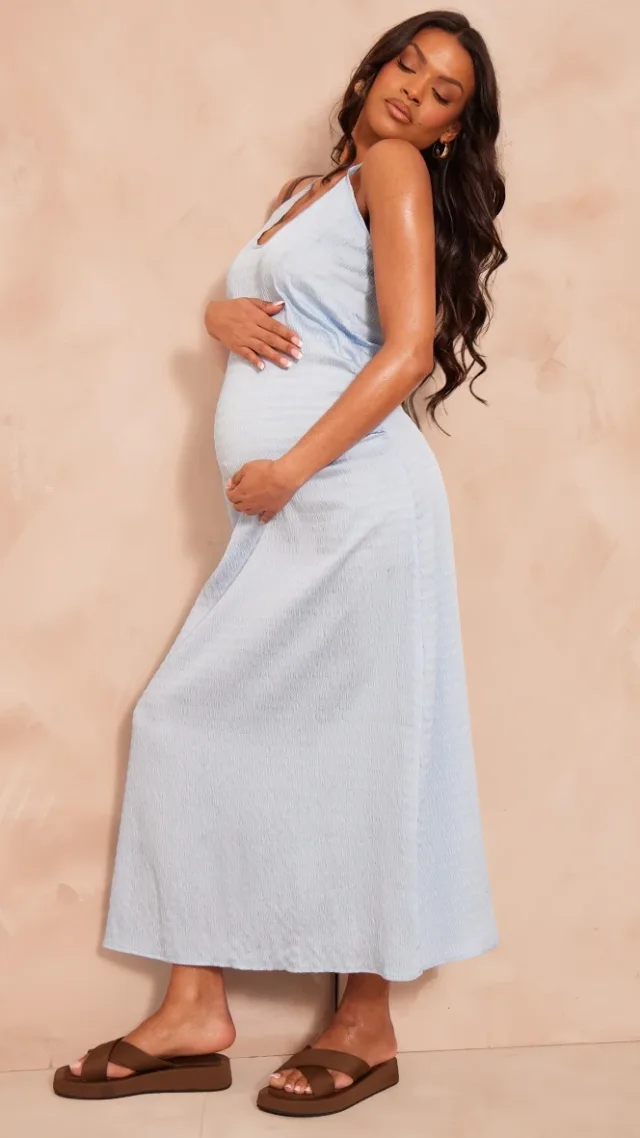 Maternity Baby Blue Textured Satin Low Neck Maxi Dress