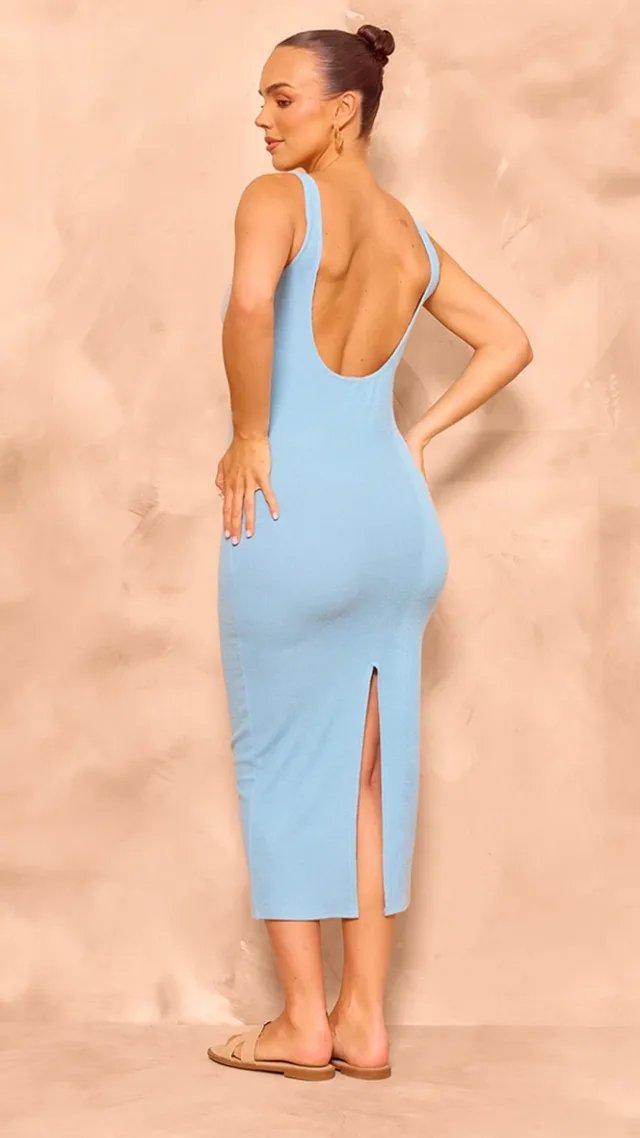 Maternity Baby Blue Textured Scoop Back Sleeveless Midi Dress