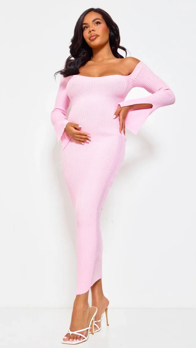 Maternity Baby Pink Off The Shoulder Contrast Knit Midaxi Dress