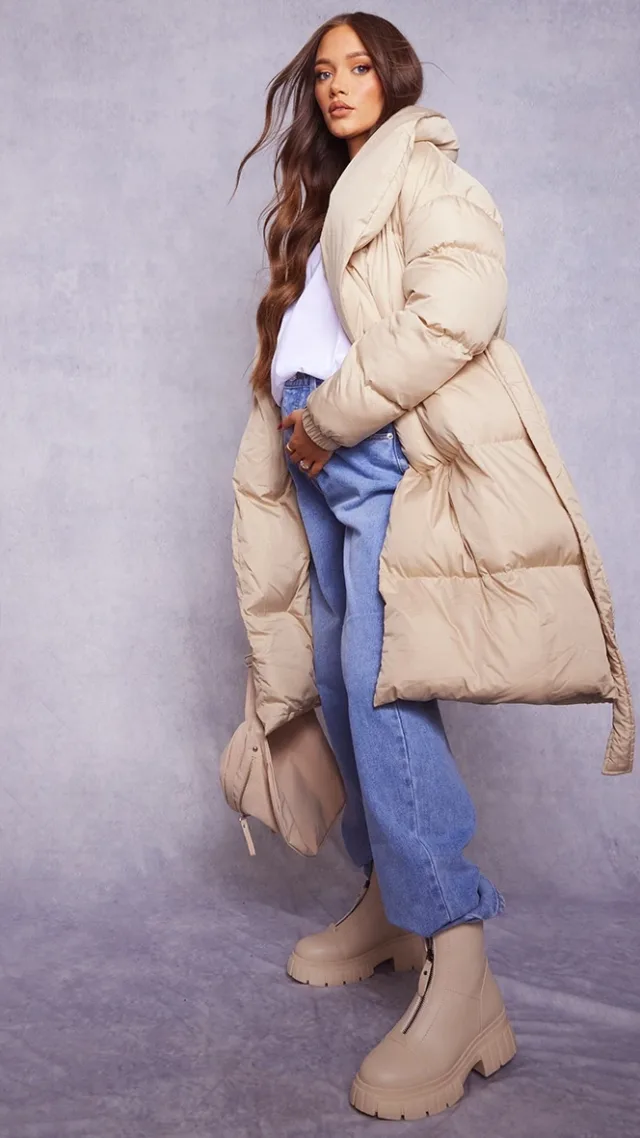 Maternity Beige Oversized Belted Longline Puffer Coat