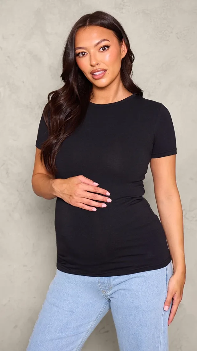 Maternity Black Basic Short Sleeve Crew Neck Fitted T Shirt