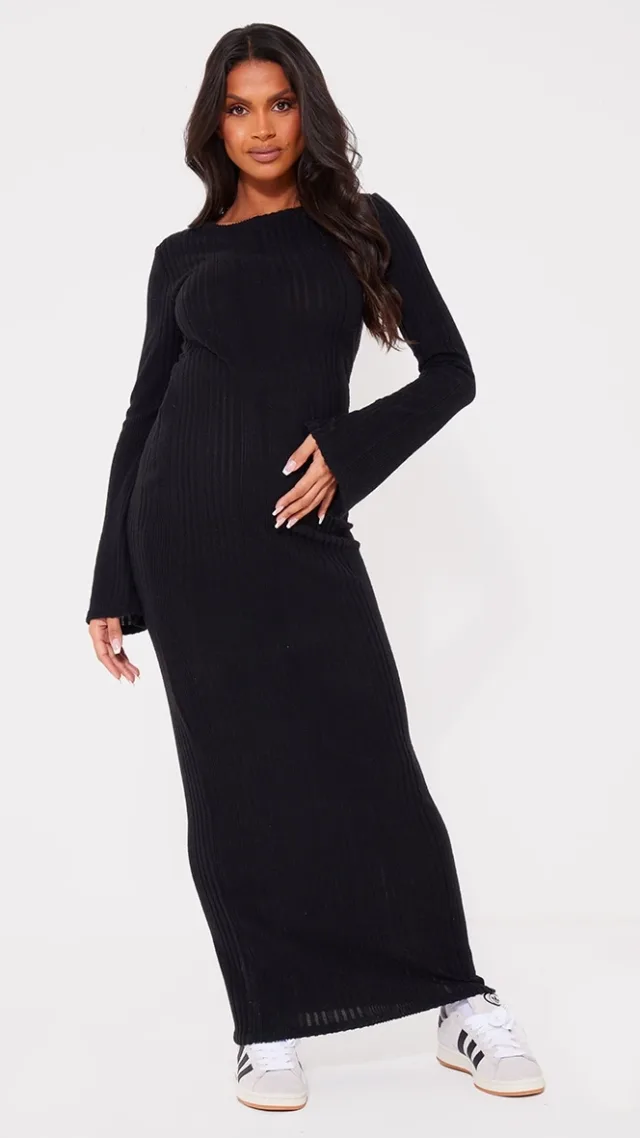 Maternity Black Brushed Rib Long Sleeve Maxi Dress