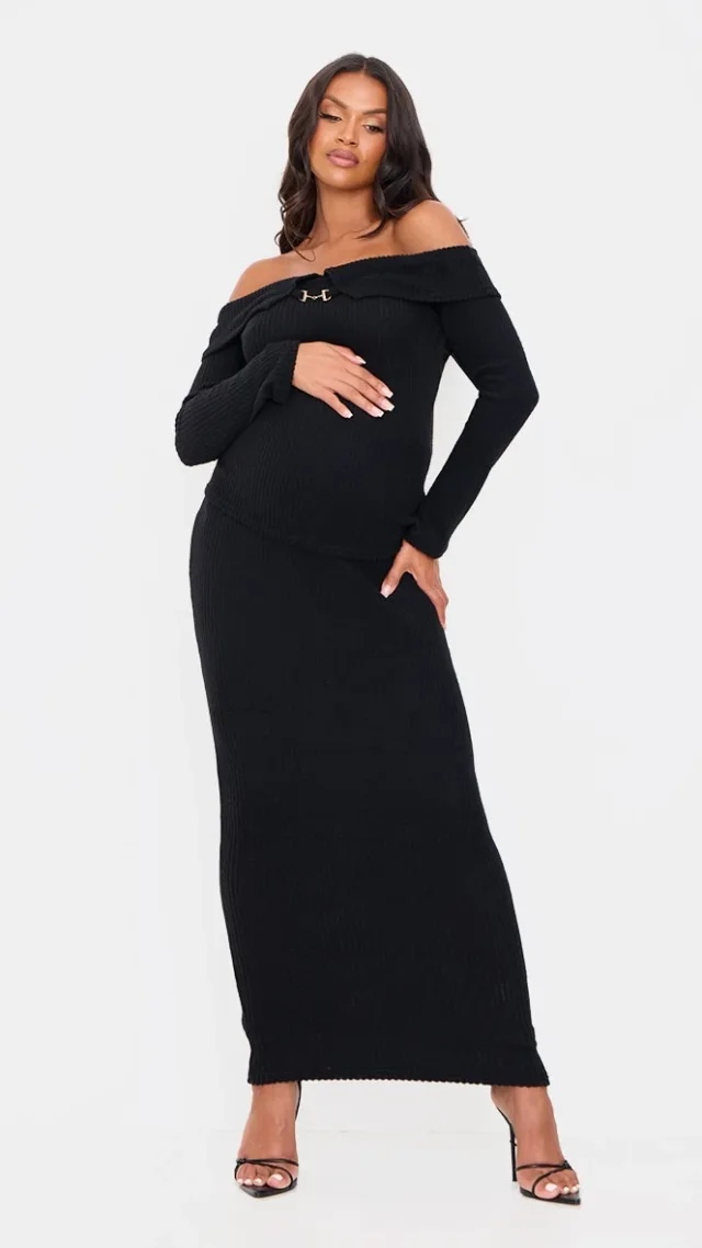 Maternity Black Brushed Rib Maxi Skirt