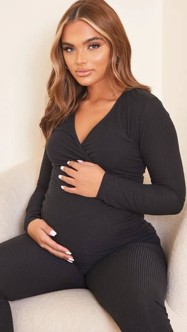 Maternity Black Brushed Rib Ruched Top