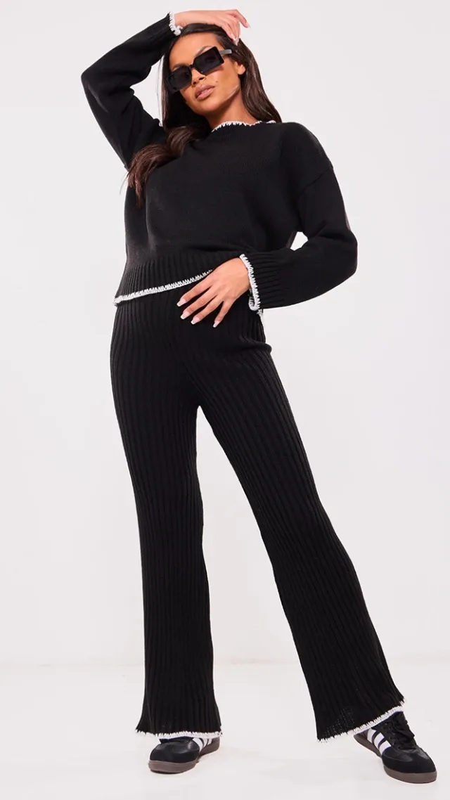 Maternity Black Contrast Trim Knit Flares