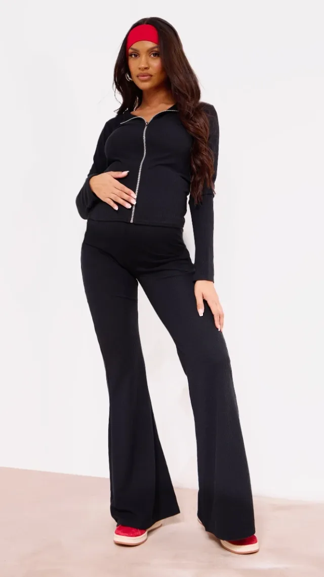 Maternity Black Crinkle Rib High Waist Flares