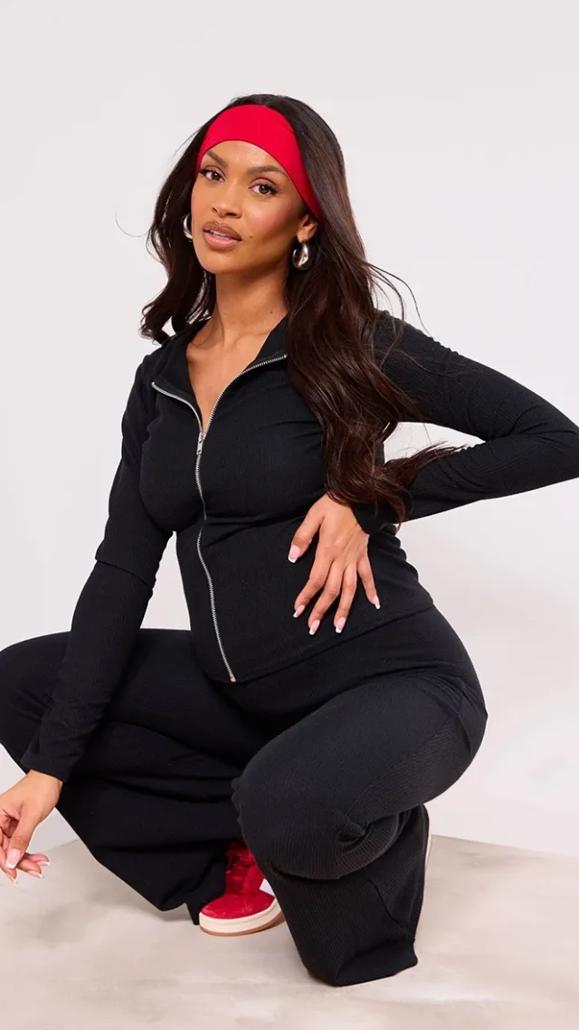 Maternity Black Crinkle Rib Longline Zip Up Top