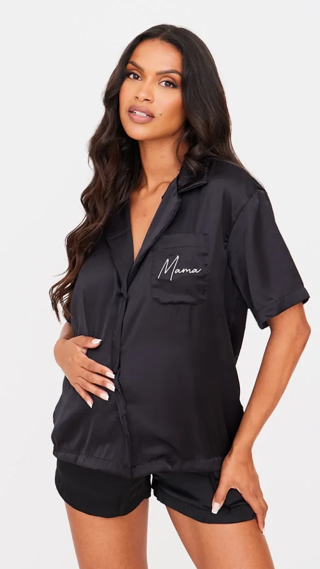 Maternity Black Embroidered Mama Satin Pajama Short Set