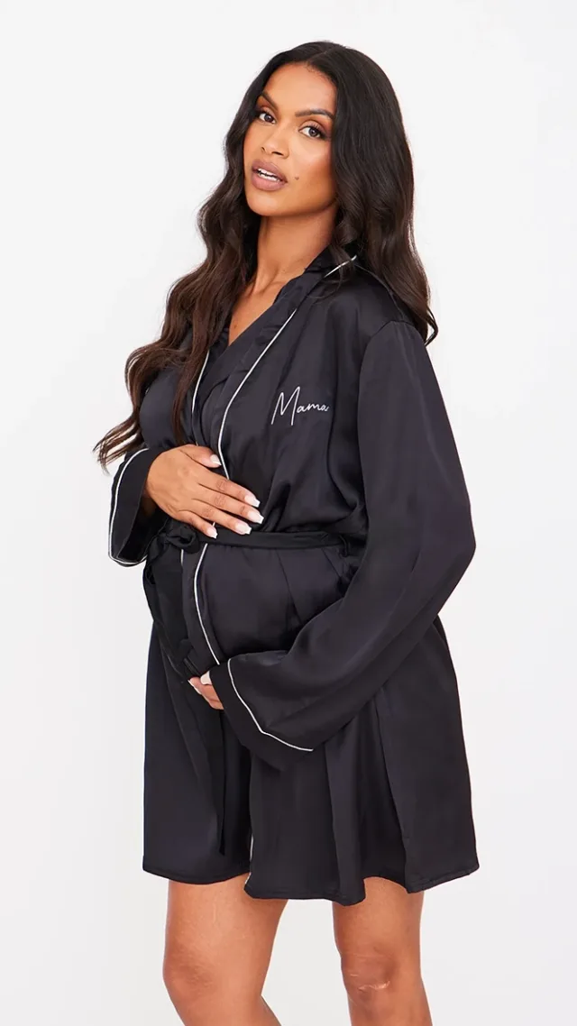 Maternity Black Embroidered Mama Satin Tie Waist Robe