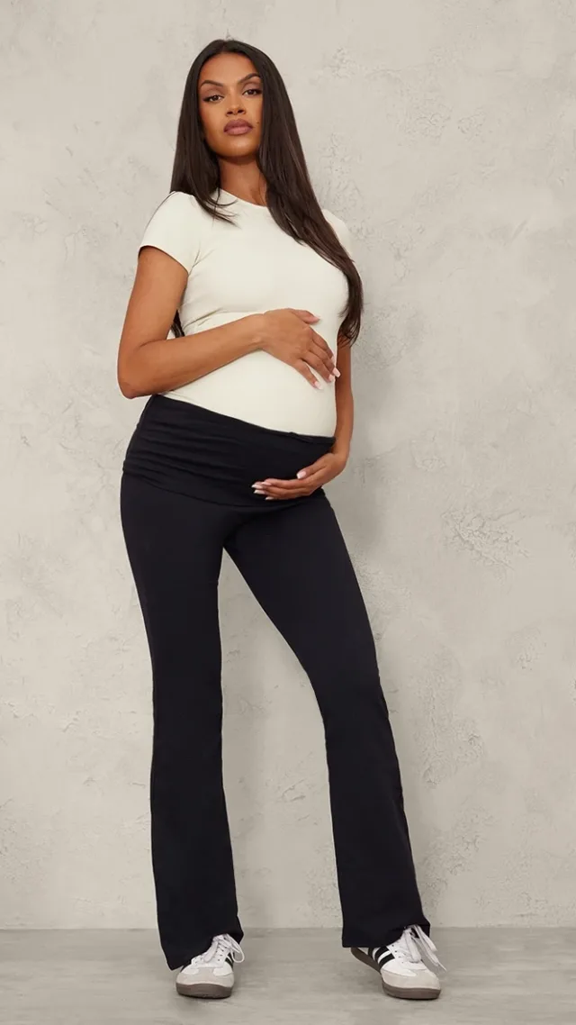 Maternity Black Fold Over Flared Leggings