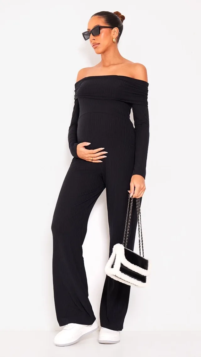 Maternity Black Fold Over Rib Wide Leg Jumpsuit