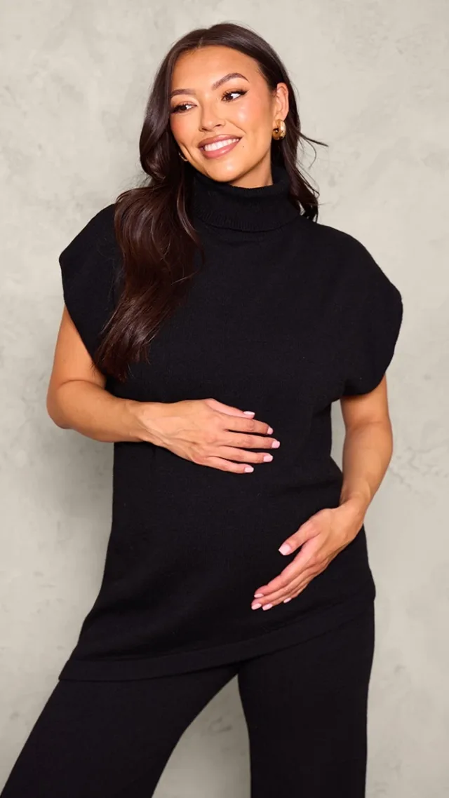 Maternity Black Knit Roll Neck Sleeveless Asymmetric Hem Top