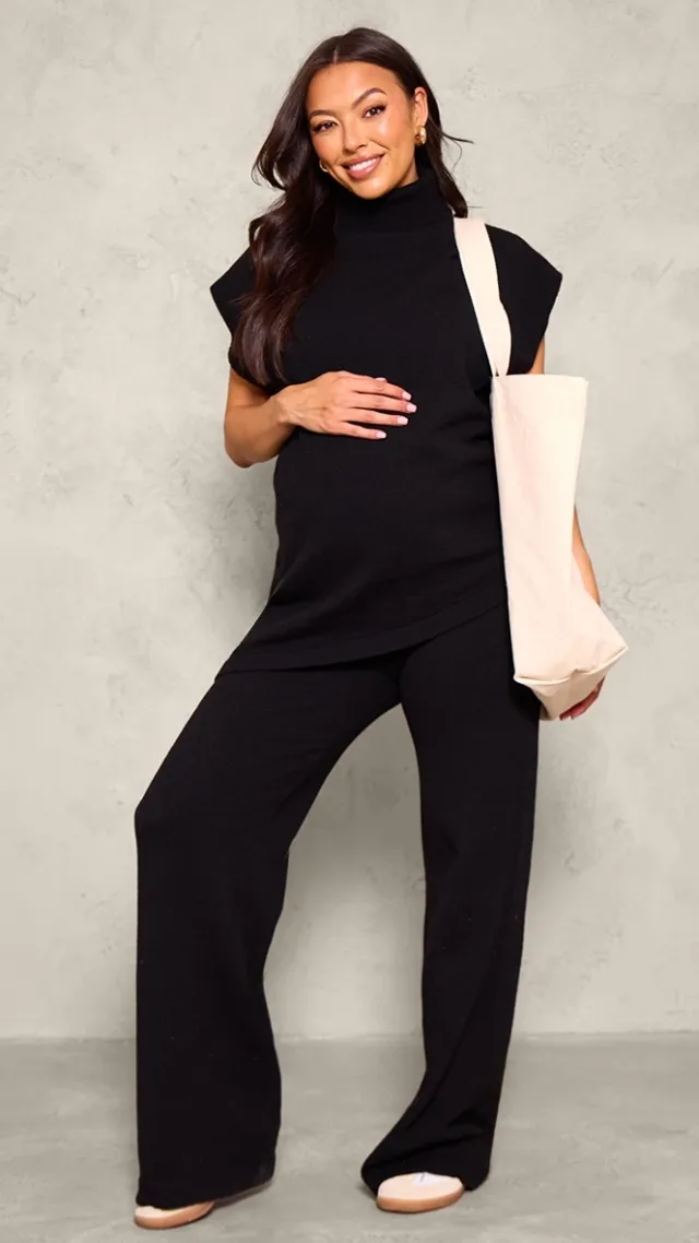 Maternity Black Knit Wide Leg Pants