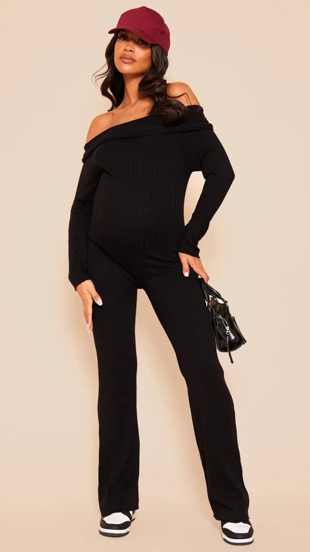 Maternity Black Knitted Bardot Wide Leg Jumpsuit