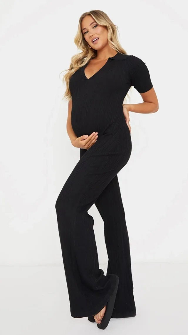 Maternity Black Knitted Rib Polo Short Sleeve Wide Leg Jumpsuit