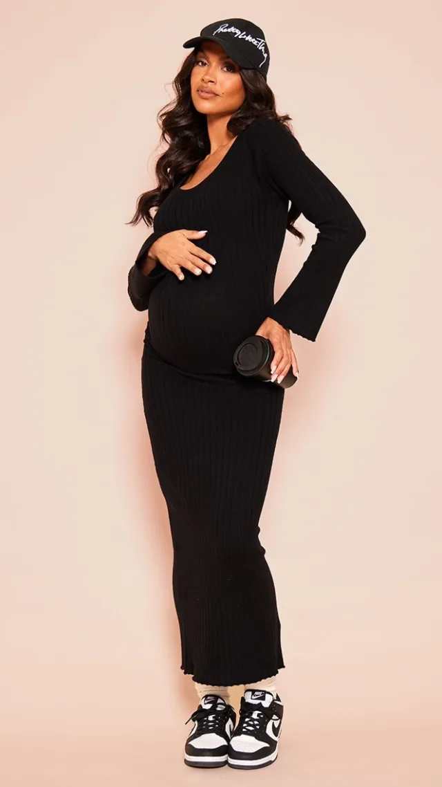 Maternity Black Knitted Scoop Neck Midaxi Dress