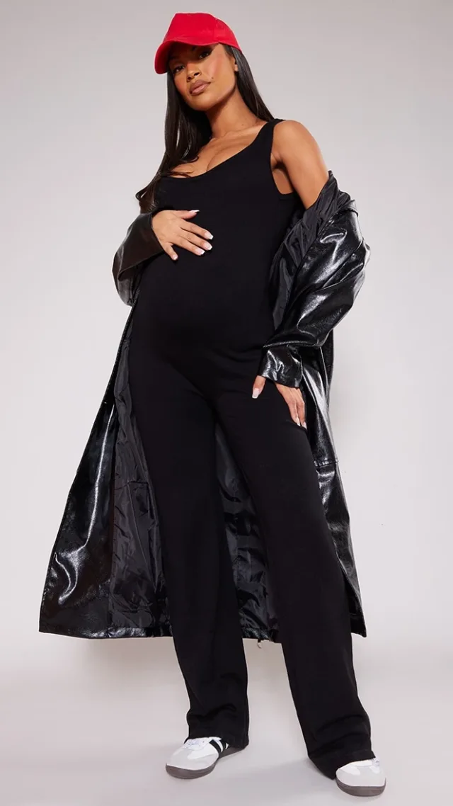 Maternity Black Knitted Square Neck Jumpsuit