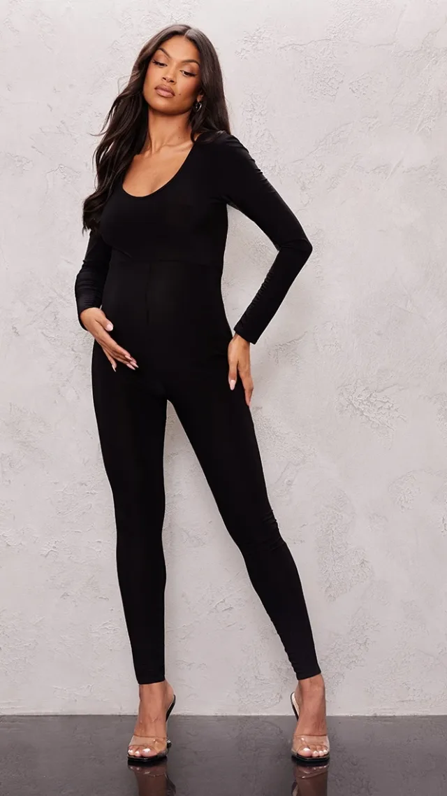 Maternity Black Long Sleeve Slinky Jumpsuit