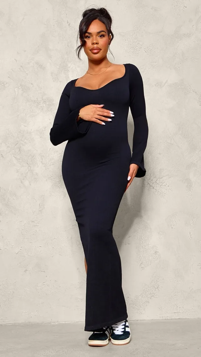 Maternity Black Long Sleeve Snatched Rib Dress