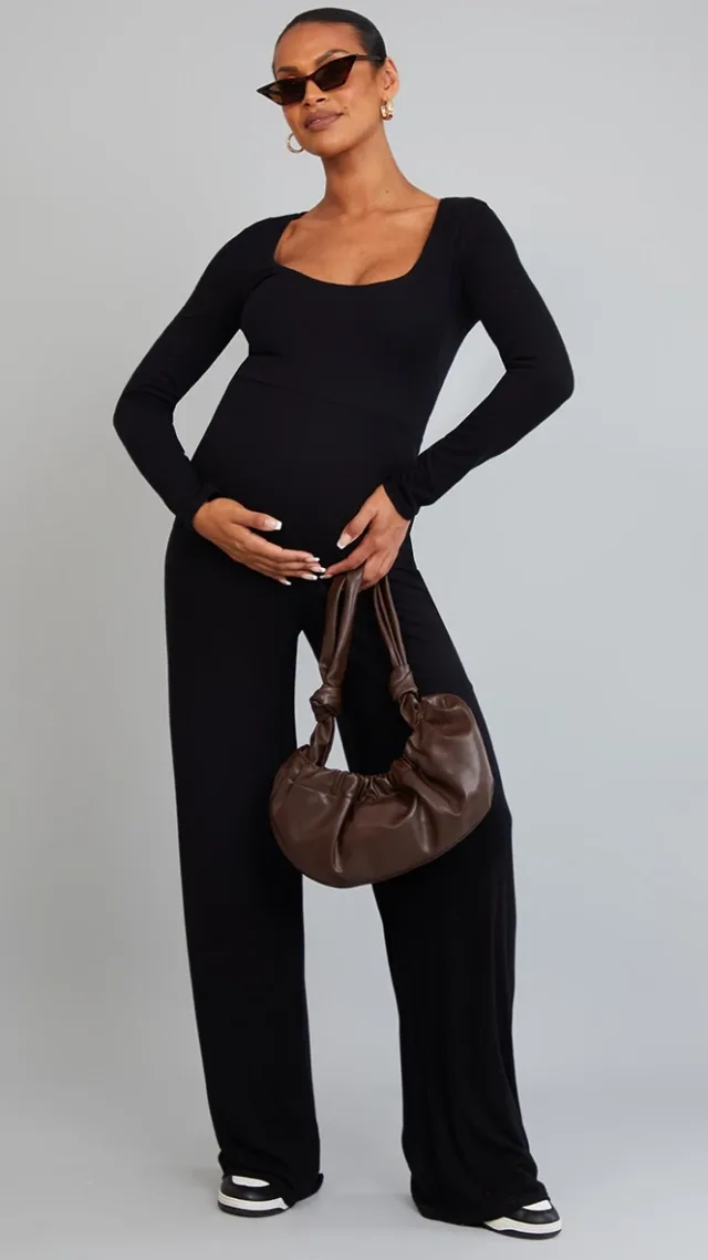 Maternity Black Long Sleeved Soft Rib Jumpsuit