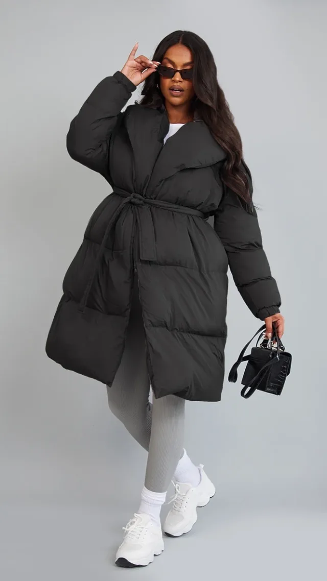 Maternity Black Oversized Collar Belted Longline Puffer Coat