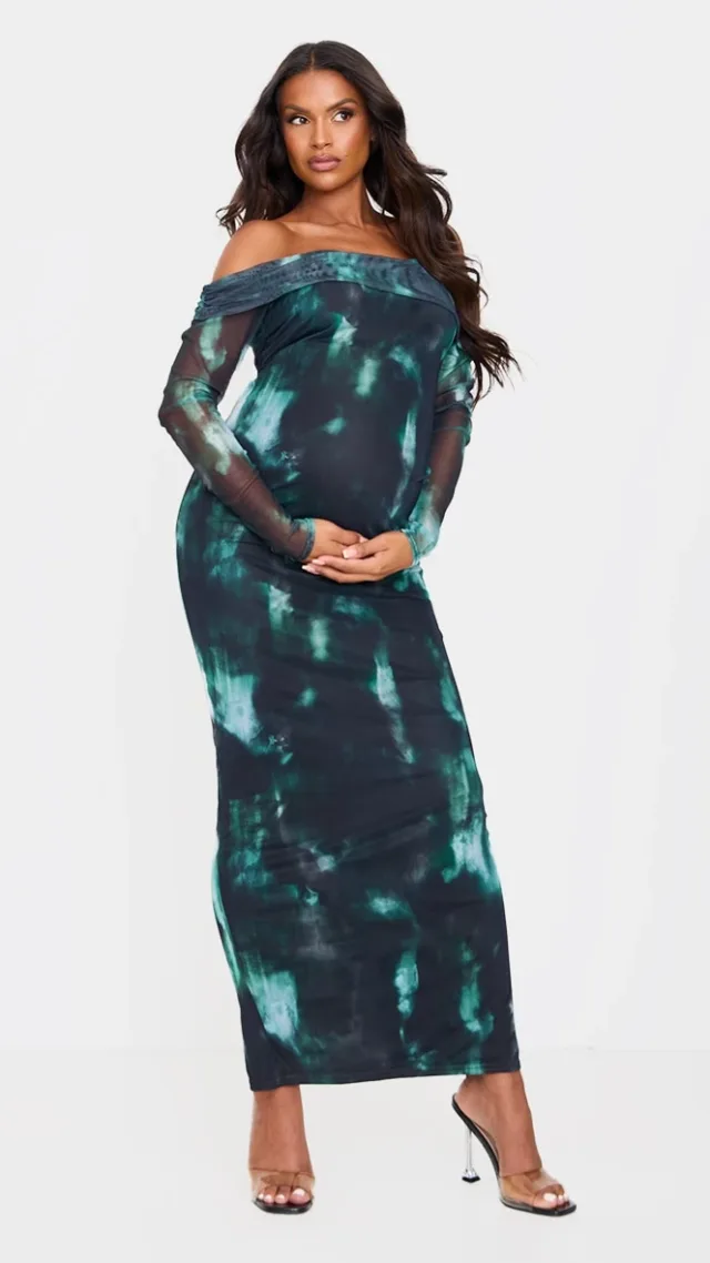 Maternity Black Printed Mesh Bardot Long Sleeve Maxi Dress