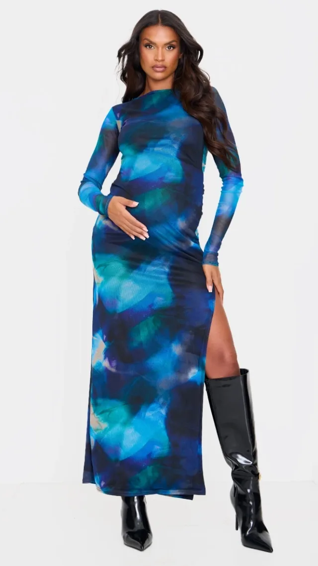 Maternity Black Printed Mesh Long Sleeve Maxi Dress