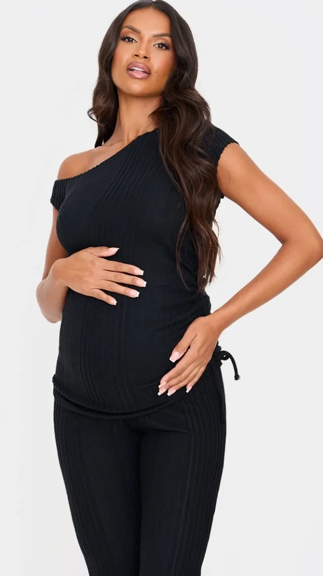 Maternity Black Rib Asymmetric Neck Ruched Side Top