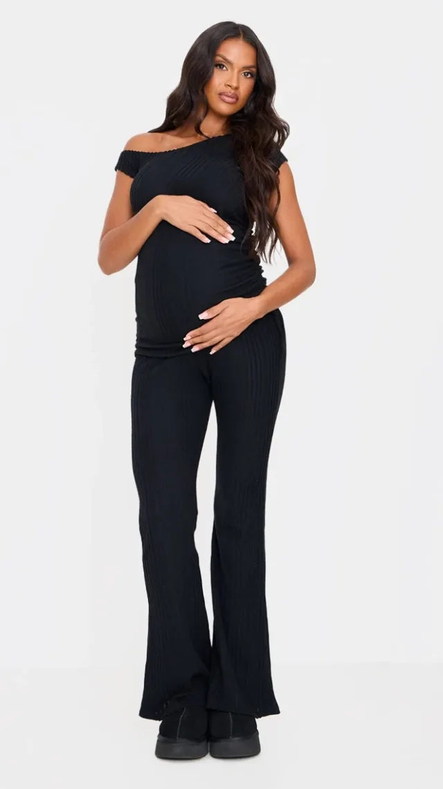 Maternity Black Rib Flare Pants