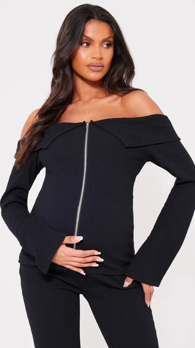 Maternity Black Rib Fold Over Zip Up Top