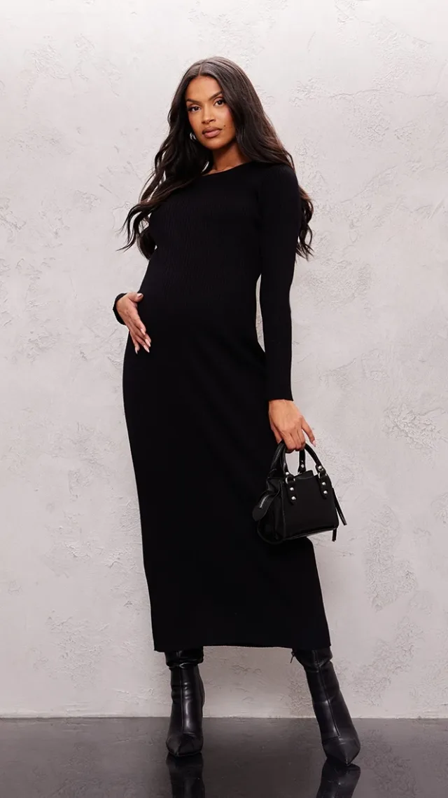 Maternity Black Rib Knit Long Sleeve Maxi Dress